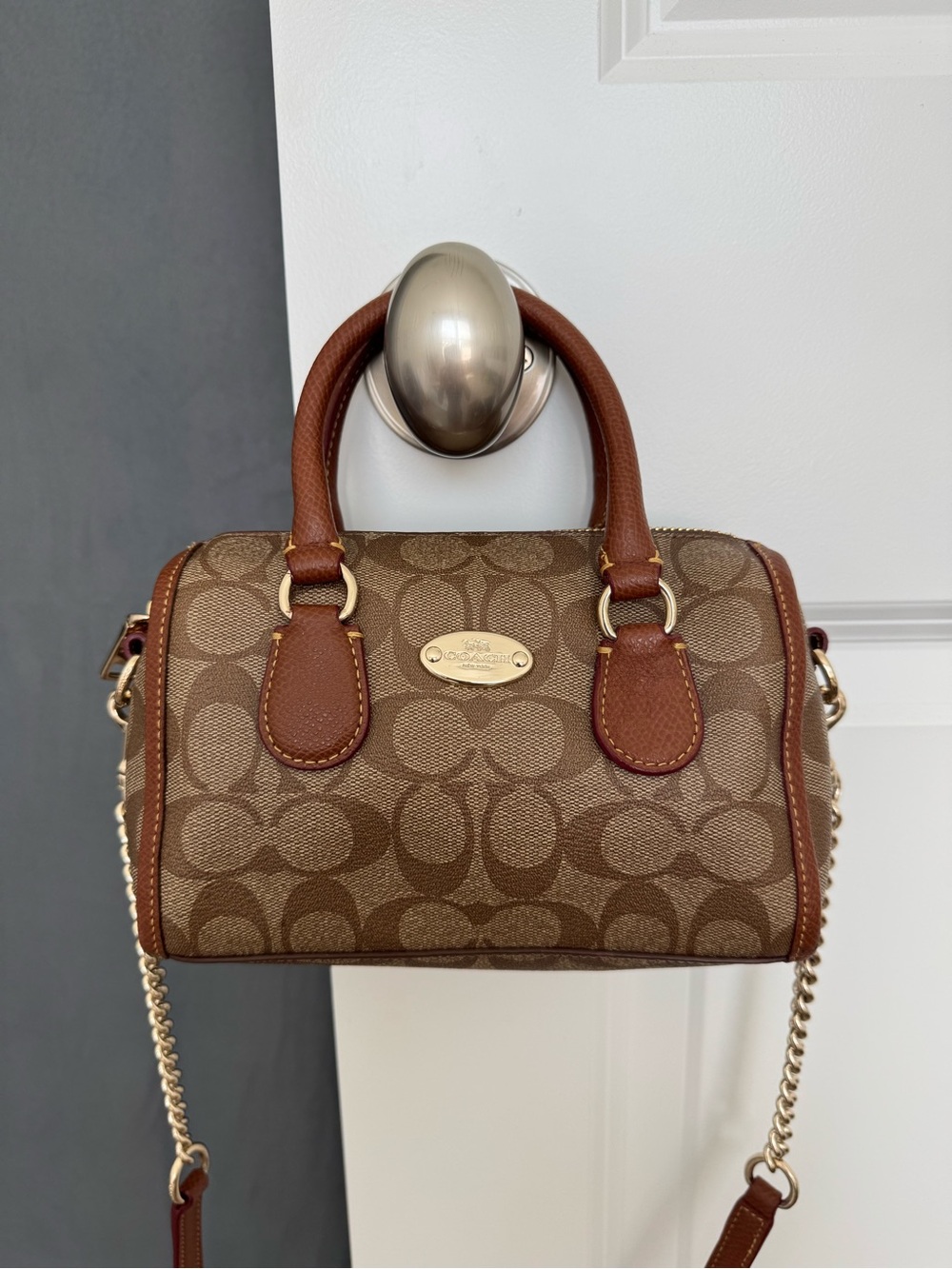 Coach Tan/Brown Signature Canvas Mini Satchel with Gold Hardware